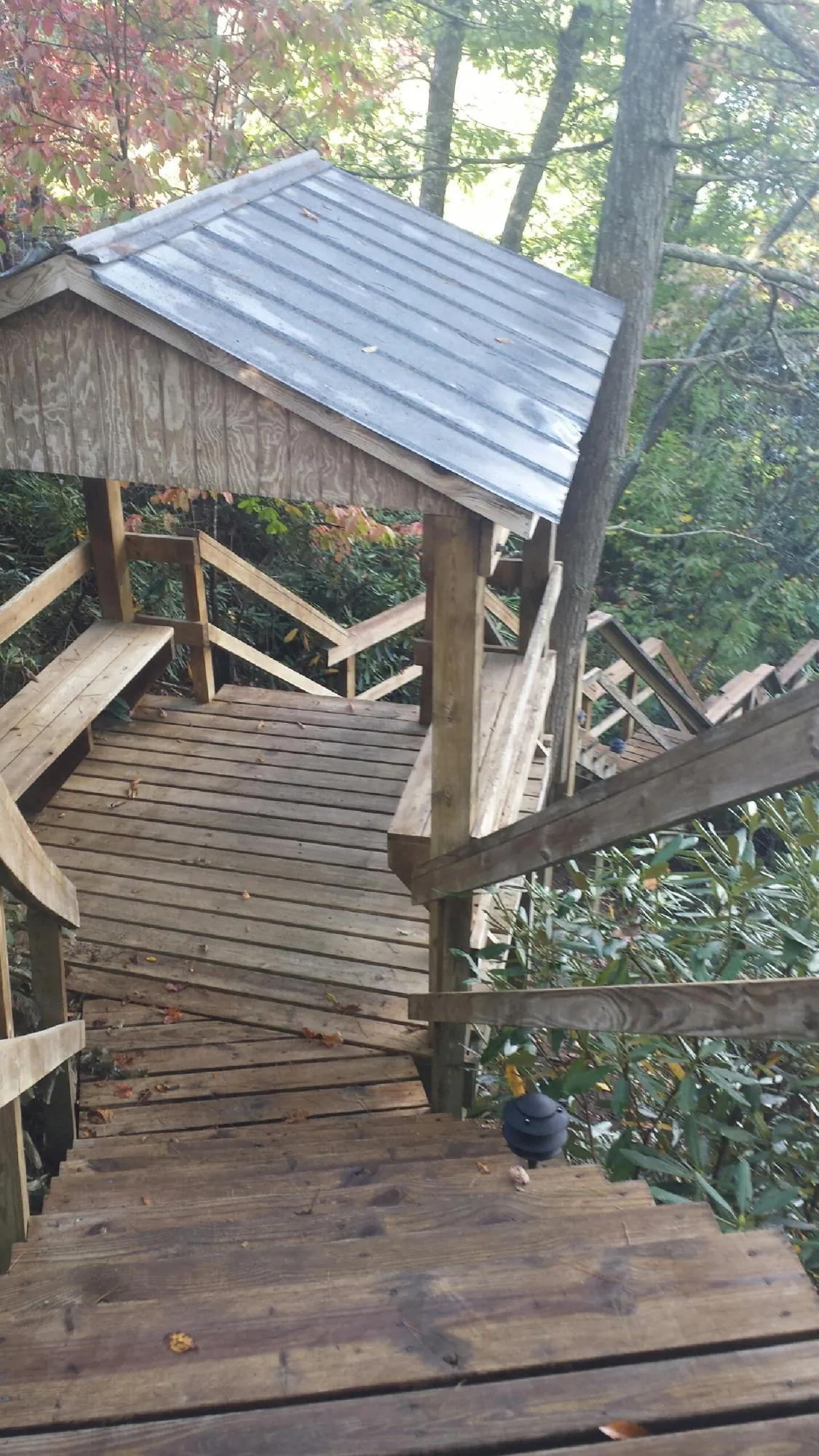 Metal roofed shelter over wooden steps on a wooded walkway — Skylight Repair & Installation work by our crew in Friendship